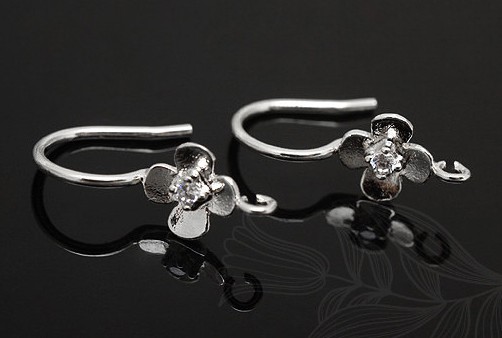 Мини-швензы с фианитом "Цветок", родиевое покрытие, Ю.Корея